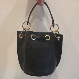 Mini Black Leather Bucket Bag, Gold Grommets, Cinch Closure & Crossbody Strap